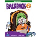 کودک در حال حمل کیف مدرسه و نوشت افزارهای رنگارنگ، کتاب زبان انگلیسی Backpack 5، جلد دوم.